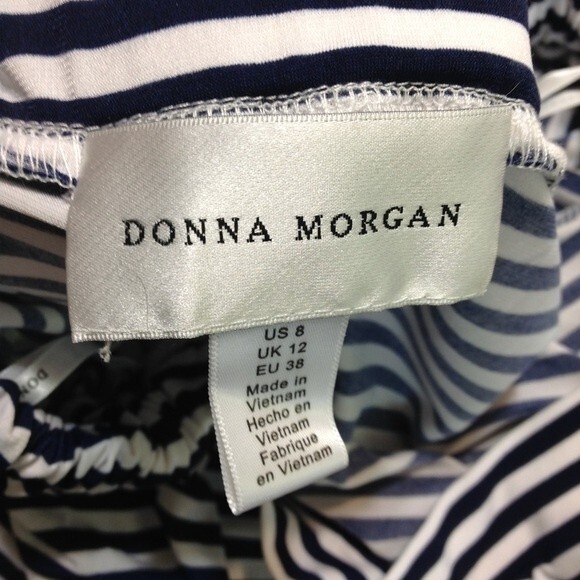 DONNA MORGAN Size 8 Navy Blue White Striped Off Shoulder Balloon Sleeve Dress - Picture 4 of 5